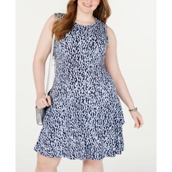 NWT Michael Michael Kors Women’s Ikat-Print Double-Flounce Dress Size 1X Blue - Picture 1 of 8